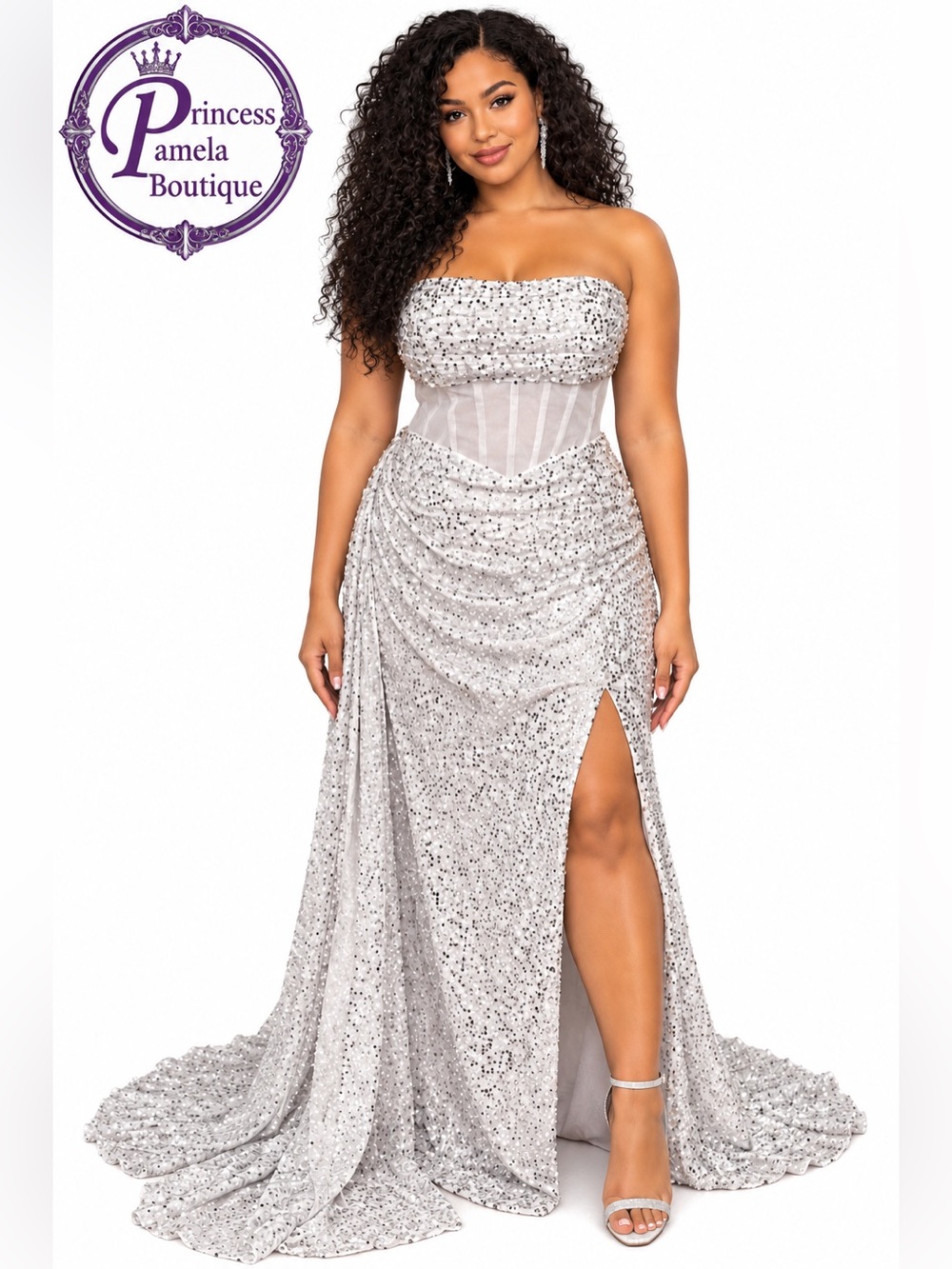 #10-19 Clear Straps white and silver sequin evening gown-1X/Size 16W